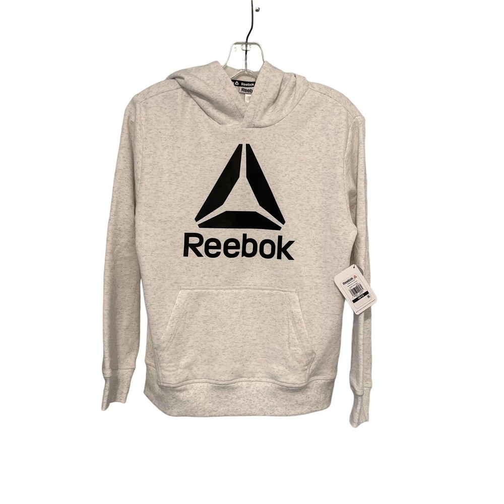Reebok Kids Delta Hoodie Egret Heather Grey Black Logo Pullover  L‎ 10/12